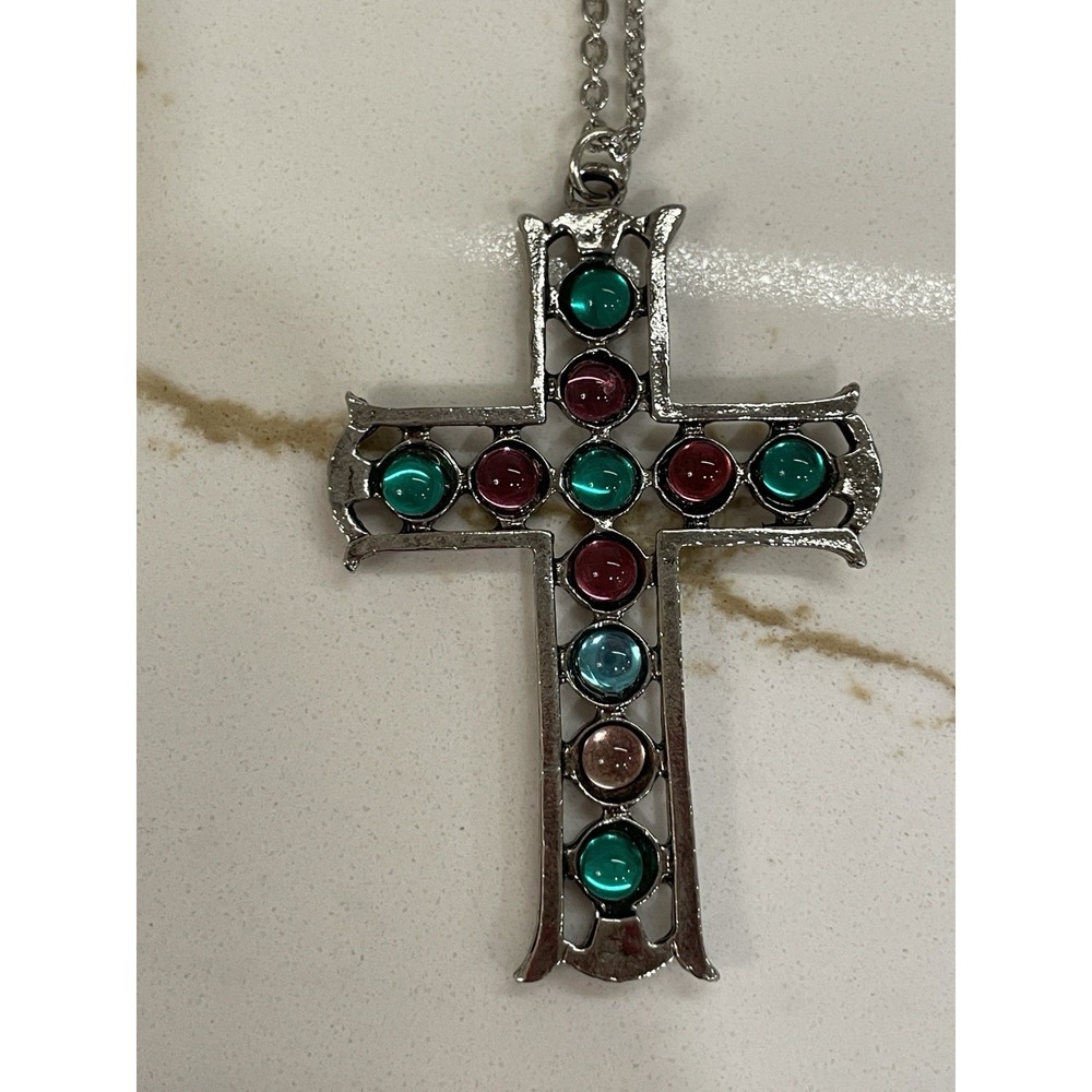 Vintage Glass Colored Beaded Cross Pendant Necklace Chain Silvertone Metal